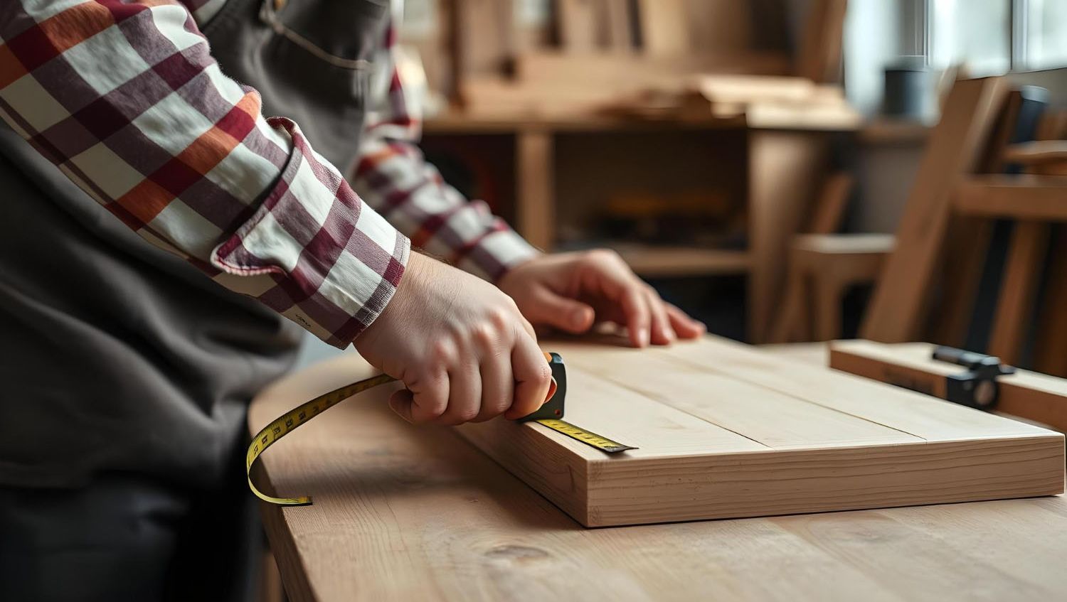 Snekker bruker målestokk på treplate
